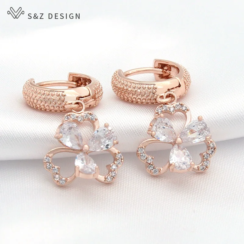 S&Z DESIGN New Fashion Elegant Cute Flower Cubic Zirconia Dangle Earrings For Women Girl Wedding Party Lovely Fine Jewelry