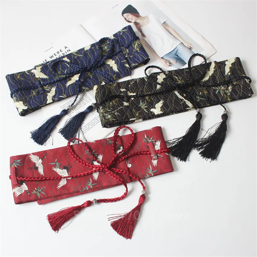 Japanese kimono Japanese embroidery vintage style woman kimono belt elastic waist cummerbunds wide belt yukata dress crane floral haori men obi
