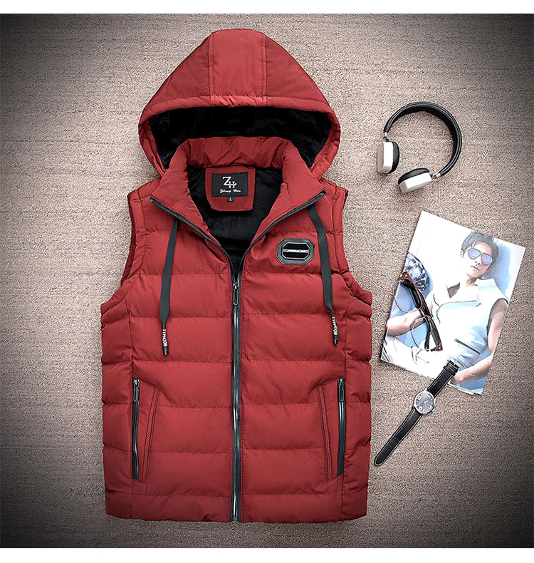 Autumn& Winter down Feather Cotton Vest Men's Brushed And Thick Hooded Warm Coat Vest Waistcoat Vest Large Size Loose-Fit Fashi
