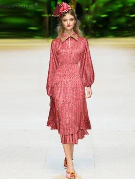 

Vintage Print Embroidered Lapel Lantern Sleeve Irregular Mid-length Large Swing Open Catwalk Dress Lady Autumn Satin Pleated