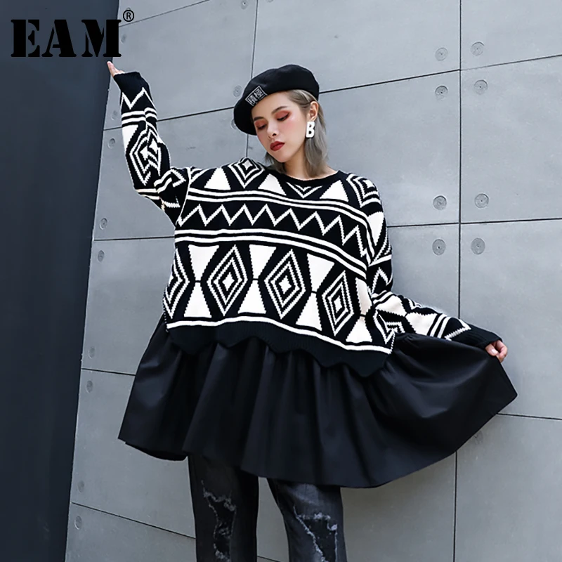  [EAM] Pattern Pleated Big Size Knitting Sweater Loose Fit Round Neck Long Sleeve Women New Fashion 