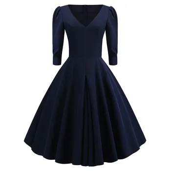

Women Dress Autumn Fashion Hepburn Vintage Elegant Office Party Evening A Line Pleated Skinny Sexy Solid Blue Swing Midi Dresses