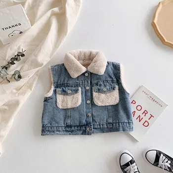 

Autumn Winter Toddler Girls Vests Thicken Plus Velvet Sleeveless Jackets For Girls Kids Clothing Stylish Korean Baby Denim Vest