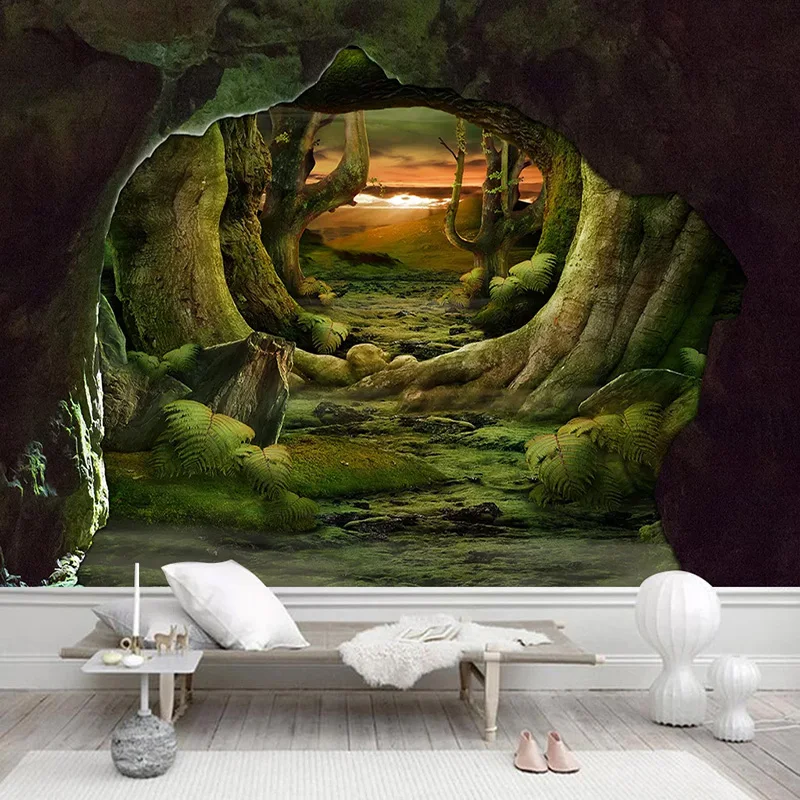 

Drop Shipping Custom Photo Wall Paper Retro Cave Primeval Tree Forest 3D Space Large Mural Wall Painting Home Decoration