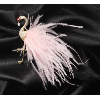 

The new 2020 premium rhinestone elegant pink flamingo brooch handmade feather tail pin accessories for women