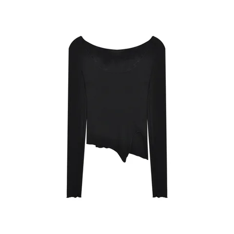 Sleeve T-shirts Women Fungus Line Irregular Hem Knitted Slender Autumn Bottoming Tees Chic Fashion Sexy Solid Ulzzang New