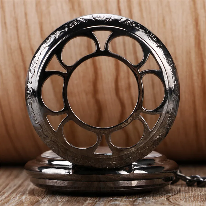 Classical Full Black Pocket Watch Hollow Out Case Unisex Handwind Mechanical Pocket Watch with Pendant Chain Rero Skeleton Clock