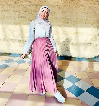 

WEPBEL Solid Color High Waist Fashion Women Pleated Skirt New Muslim Clothing Elastic