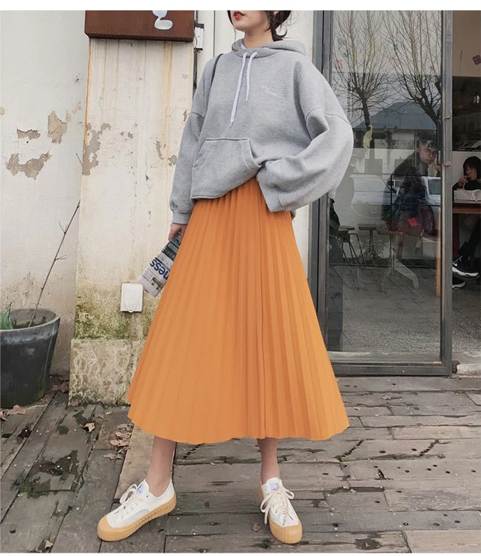 Элегантная однотонная плиссированная юбка миди для женщин осень зима Женская Корейская Высокая талия трапециевидная школьная длинная юбка Женская Новинка