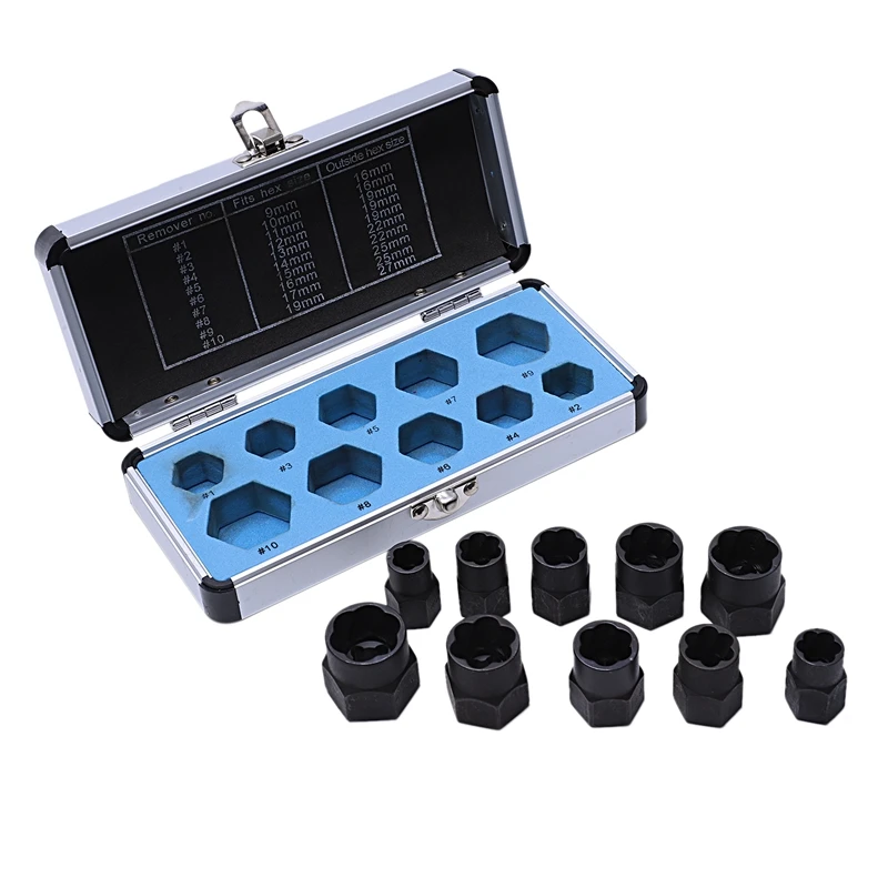 10Pcs High section Damaged Bolt Nut Screw Remover Extractor Removal Set Nut Removal Socket Tool Black 9-19mm