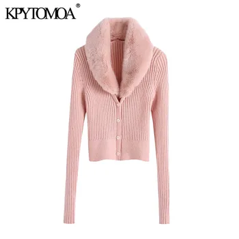 

KPYTOMOA Women 2020 Fashion Patchwork Faux Fur Knitted Cardigan Sweater Vintage Long Sleeve Button-up Female Outerwear Chic Tops