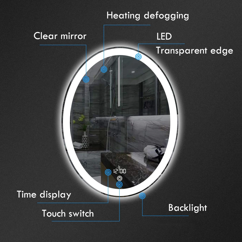 Oval Shape Smart Makeup Bathroom Mirror 3 Color Adjustable LED LIght Multifunction With Bluetooth Speaker For Bedroom Decoration