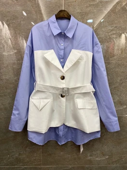 

2020 autumn and winter new women's lapel color matching stitching symmetrical pockets waist long sleeve fake two-piece jacket 90