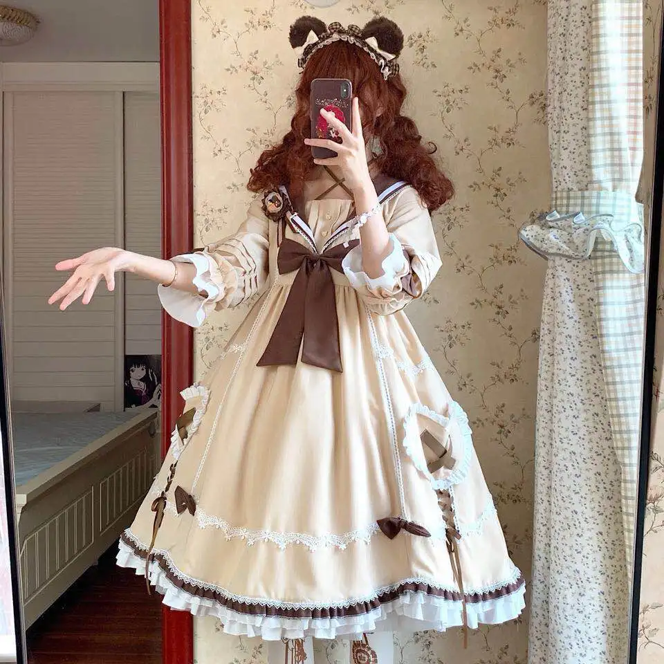 

Japanese kawaii girl sweet lolita dress vintage lace bowknot sailor collar high waist victorian dress loli cos gothic lolita op