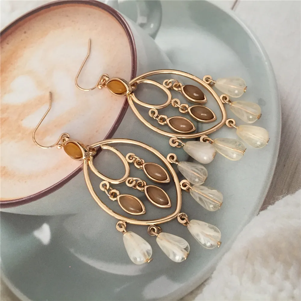 Серьги-подвески с женственное и boho Золото Тон кремово-шарик Висячие серьги для