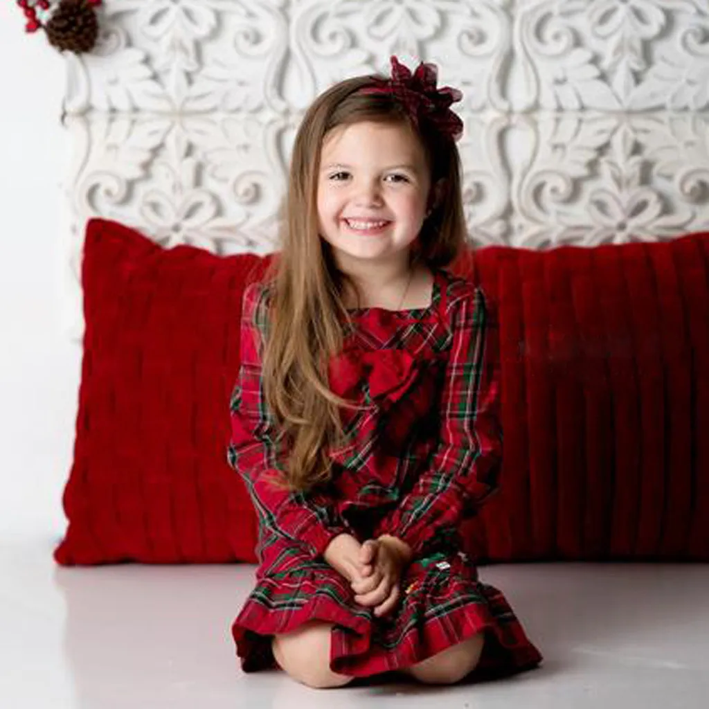 Toddler Kids Babys Girls Dress Long Sleeve Cotton Plaid Princess Dress Christmas Xmas Cotton Dress Winter Girls Costume Clothes