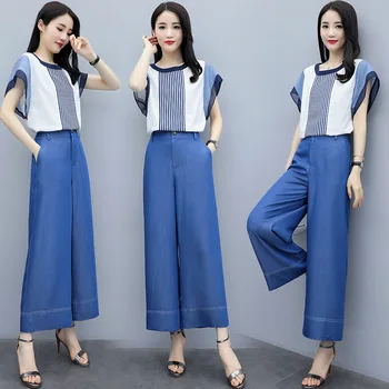 

Wide Leg Pants Suit Woman 2020 New Fashion Casual Summer Korean Style High Waist Chiffon Blouse Shirt Top 2 Piece Set Clothes
