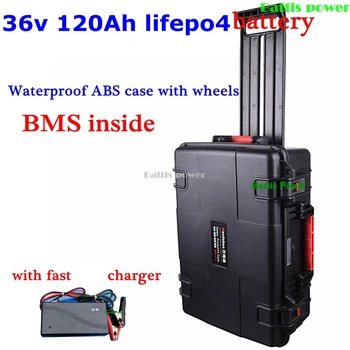 

waterproof 36V 120AH 100Ah Lifepo4 lithium battery BMS with wheel trolley case for 4000W scooter bike boat inverter +10A Charger