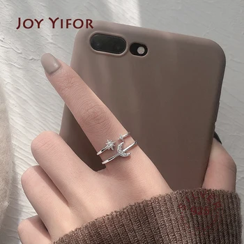 

925 Sterling Silver Adjustable Women Rings Rhinestone Moon Star CZ Wedding Rings for Women Girls Party Wedding Jewelry