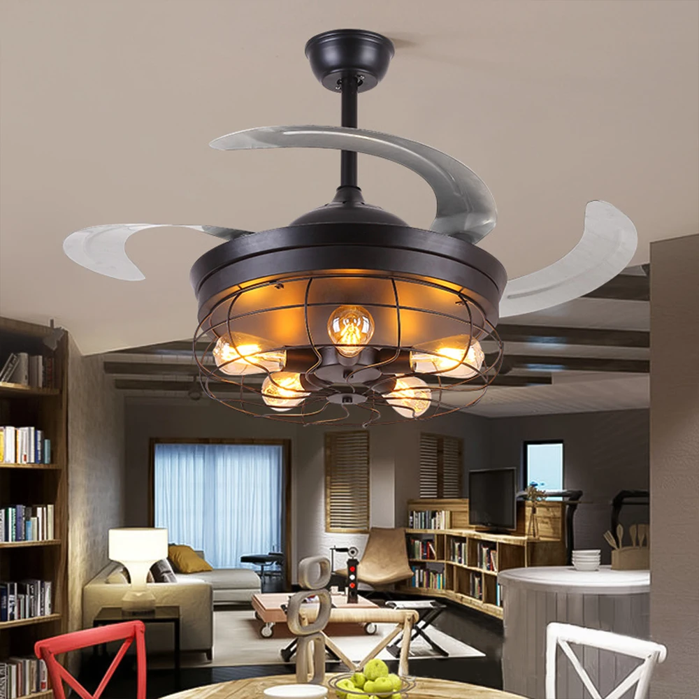 

Ceiling Fans Remote Control Light Invisible Retractable 42 inch Retro Fan Leaf Lamp Bulb Folding Lights Living Room Bedroom E27