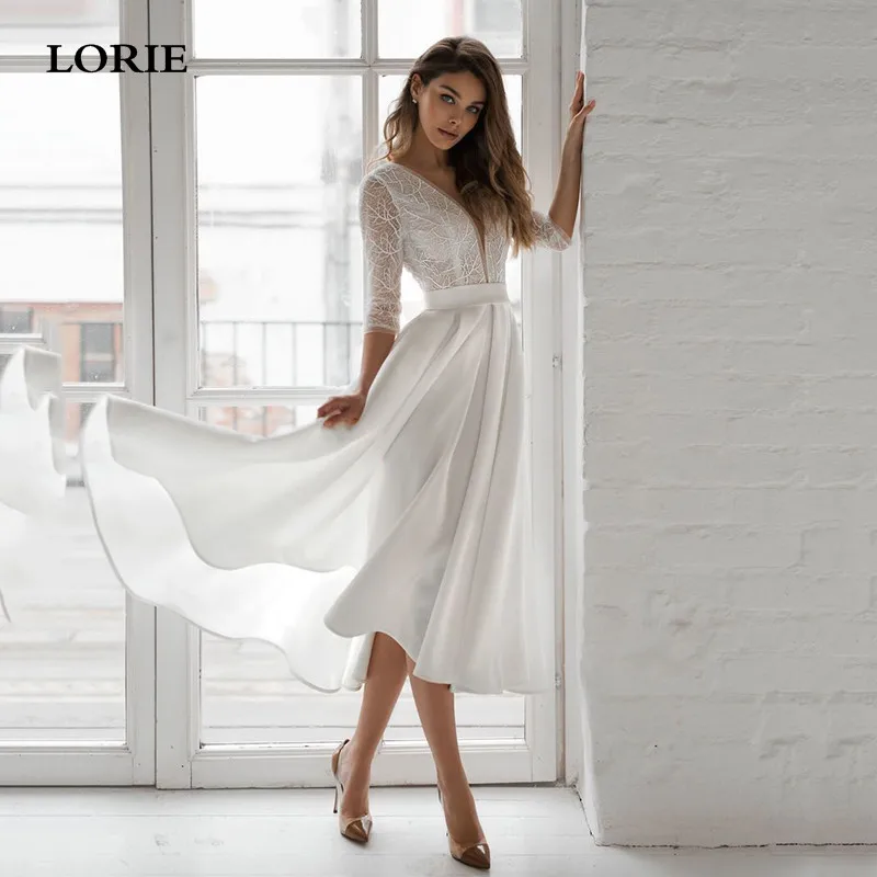 LORIE-Vestidos cortos De encaje De princesa para Novia, traje De Novia De media caña con cuello De vestidos De Novia De manga larga De grande, 3/4 - AliExpress Bodas y