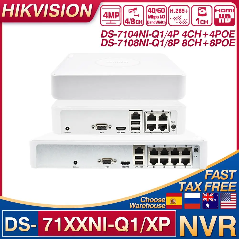 Hikvision NVR DS-7104NI-Q1/4P DS-7108NI-Q1/8P 4/8CH POE NVR 4MP Record H.265+ SATA for POE IPC Security Network Video Recorder