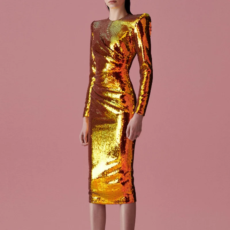 Full Sequins Bling Bling Luxury Golden Color Long