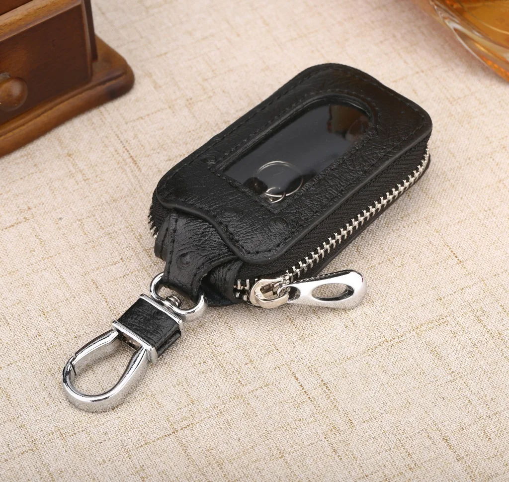 Fashion Real Cowhide Zipper Square Women's Home Car Key Ring Box Transparent Window Key Pocket Wallet Keychain