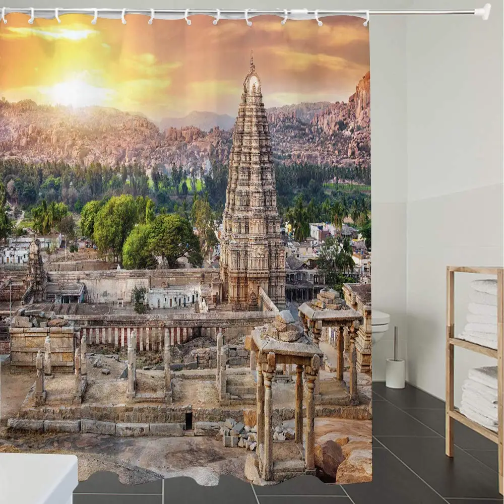 

Shower Curtain Fabric Polyester Fabric,Waterproof, Machine Washable, Asian,Viruphaksha Building View Up from The Hills Sunset