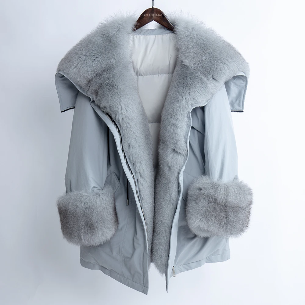 Grey with blue Шуба из натурального Лисьего меха, Женская куртка с капюшоном на белом утином пуху с большим воротником из лисьего меха размера плюс, роскошная одежда, уличная одежда, пальто - Цвет: Grey with blue