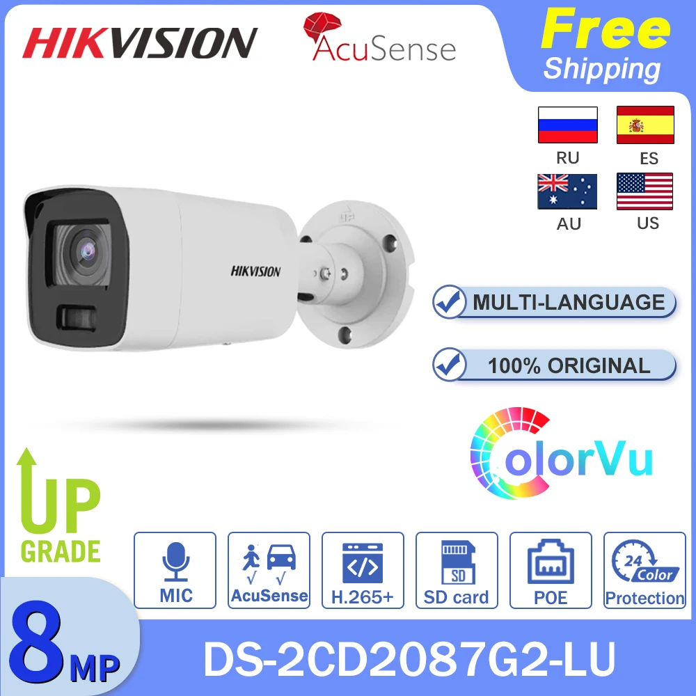 Hikvision IP Camera 4K 8MP Bullet DS-2CD2087G2-LU ColorVu Network AcuSense PoE Microphone Video Surveillance Full Color H.265+ |
