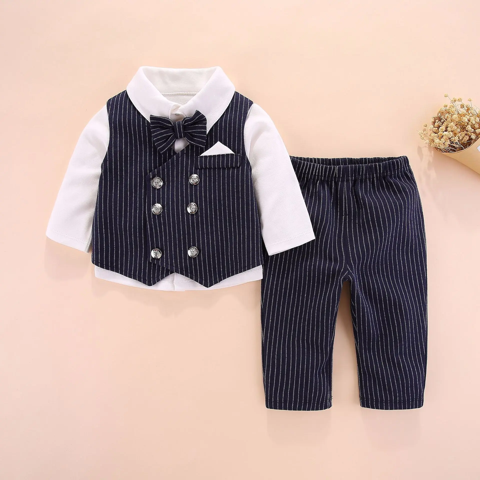 Одежда для маленьких мальчиков рубашка джентльмена+ жилет+ брюки, Осенний Модный комплект одежды для новорожденных, комплект для малышей галстук-бабочка, Conjuntos roupa - Цвет: Черный