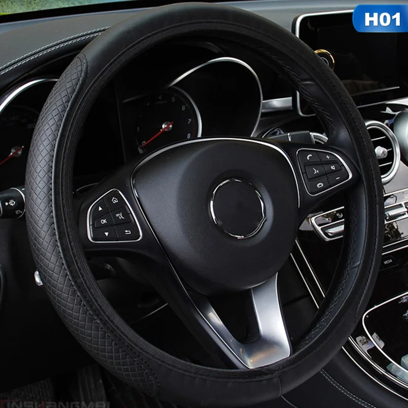 

37-38cm Car Steering Wheel Cover Breathable Protector Anti Slip Steering Covers Black Suitable Auto Decoration PU Leather