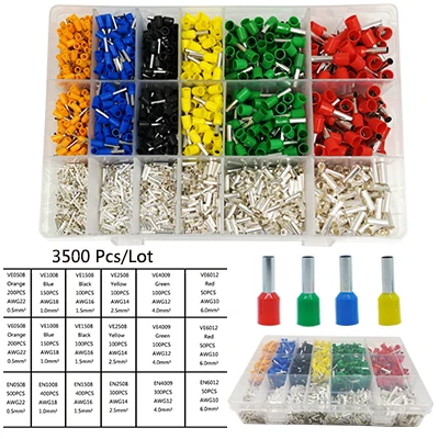 3500PCS terminals 3500 шт. электрические трубчатые клеммы для обжима кабеля, плоскогубцы, электрический наконечник, соединитель провода AWG22-10 0,5-мм2 - Цвет: 3500PCS terminals