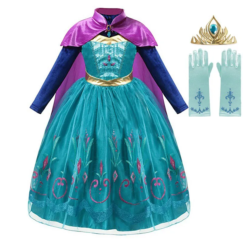 VOGUEON/платье принцессы Анны и Эльзы; нарядный костюм Снежной Королевы Эльзы с длинным плащом; нарядная одежда на Хэллоуин для девочек - Цвет: Elsa Dress Set 02