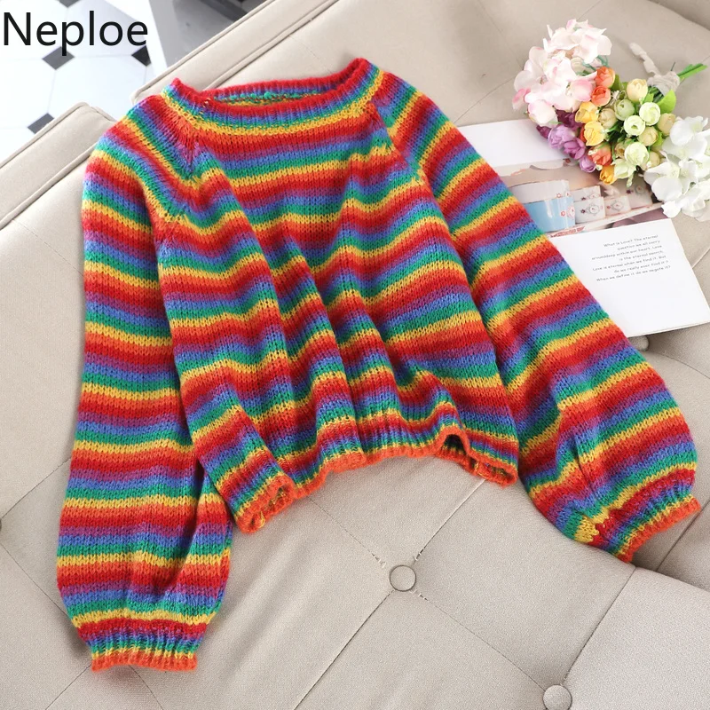 Neploe корейский Crazy style Свободный вязаный свитер с круглым вырезом Радужный полосатый фонарь длинный рукав Pull Femme Повседневный пуловер осень 46945