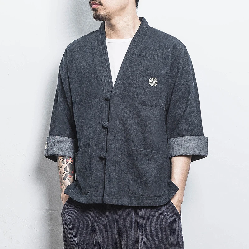 Mens Denim Shirts Summer Men Casual Cardigan Male Chinese Style Shirt Three Quarter Streetwear Open Stitch Shirts Men Dress