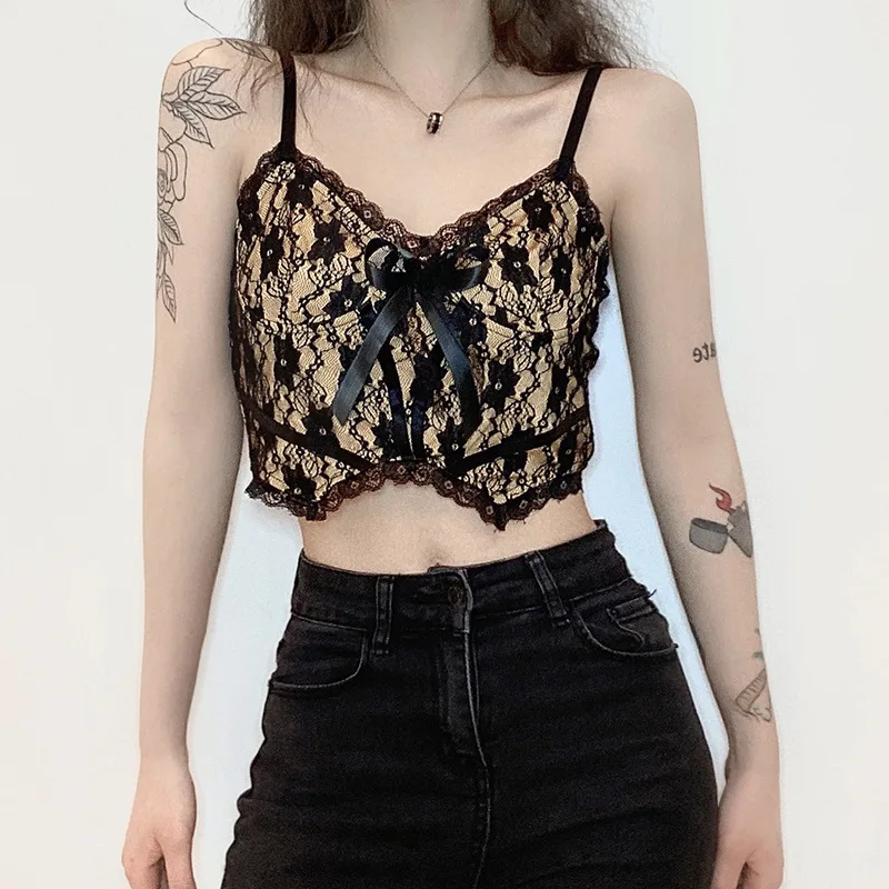 Sexy Gothic Women Short Length Camis 2021 Summer Street Lady Strapless Strap Bow Lace Patchwork Back Zipper Camisole Hip Hop Top
