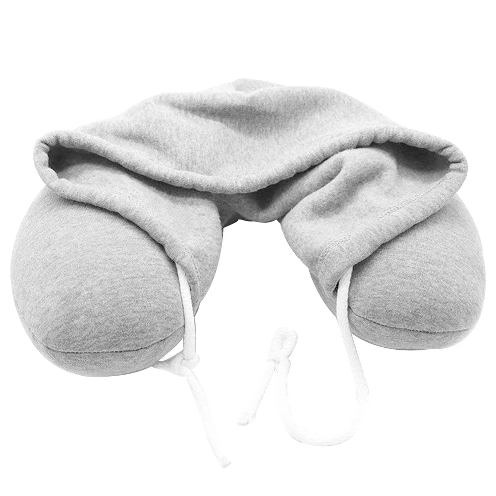 

Adults Hooded Drawstring Neck Support Portable U-shaped Cushion Neck Pillow Flight Travel Solid Microbeads With Hat
