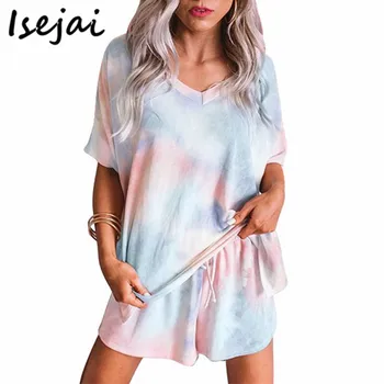

V Neck Tie-dyed Pajamas for Women Short Sleeve T Shirts and Shorts 2 Pieces Set Woman Casual Pyjamas Print Home Wear Plus Size