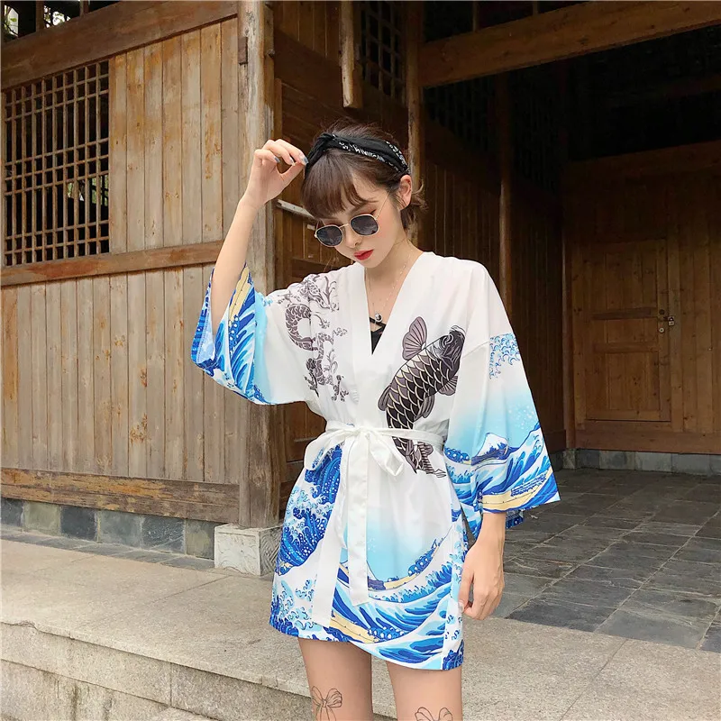 Японское кимоно кардиган женский летний рыбий принт блузка пальто новые модные повседневные кардиганы верхняя одежда