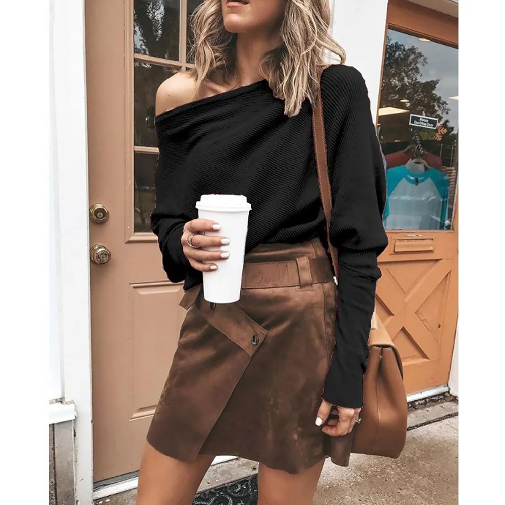 

Casual Soft Tops Cotton Blend Sexy Solid Loose Women Sweater Pullover One Shoulder Gift Autumn Breathable Long Sleeve