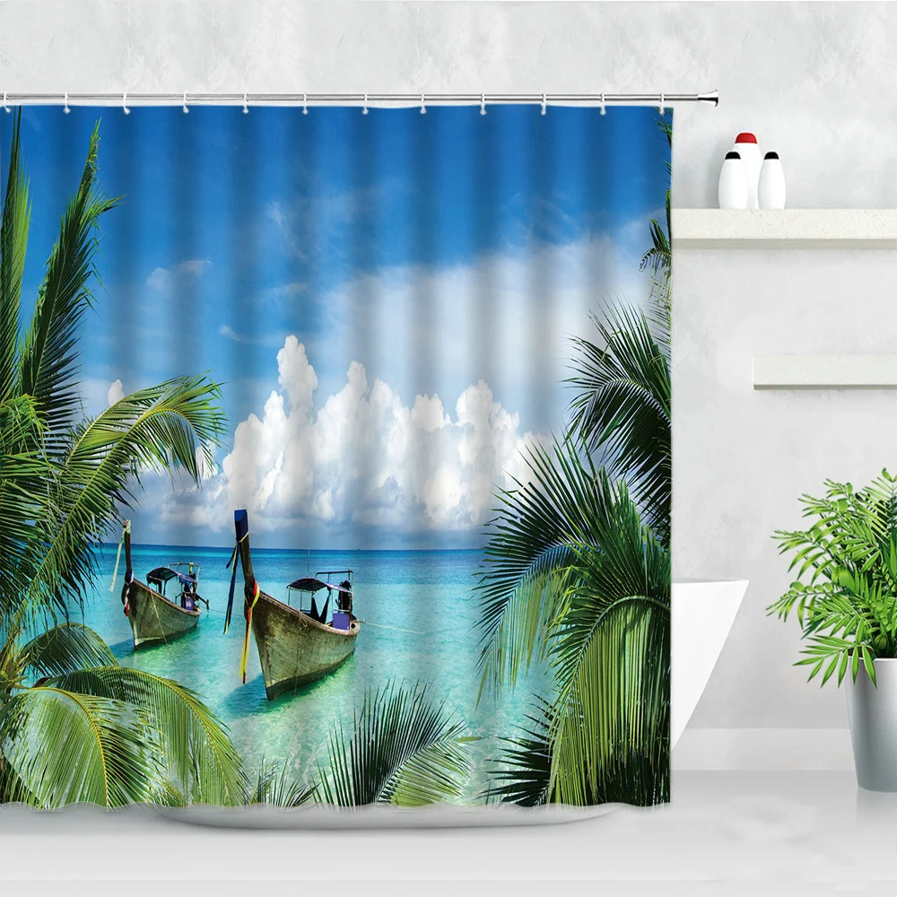 

Занавеска для душа, водонепроницаемая тканевая Шторка для ванной с изображением океана, пляжа, лодки, тропических растений, зеленых листьев