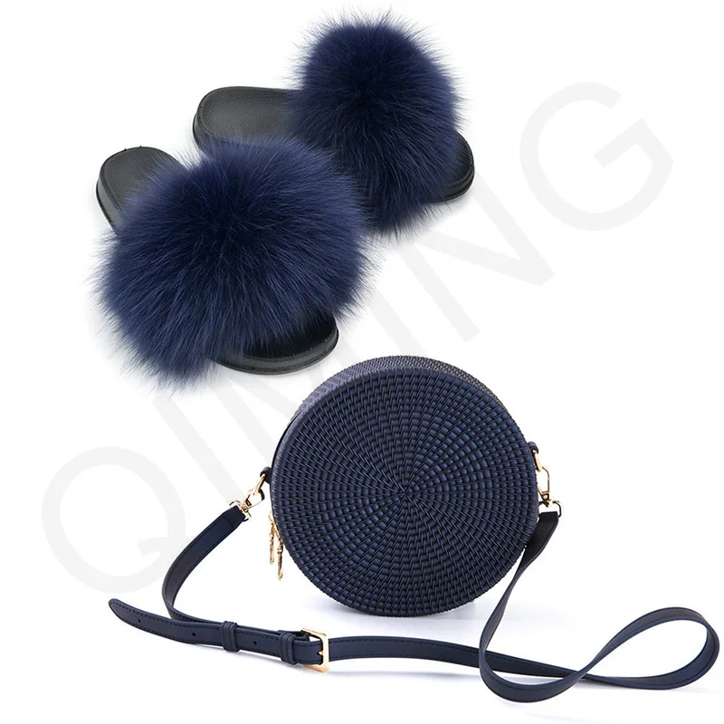 Navy blue Женские пушистый мех, шлепанцы с натуральным лисьим мехом, радужные гелевые сумки, шлепанцы для дома, Пушистый Плюшевый милый мех, Вьетнамки, обувь для путешествий - Цвет: Navy blue