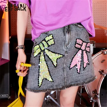 

ELFSACK Dark Gray Bow Contrast Sequin A Line Korean Mini Skirt Women 2020 Summer ELF Appliques Office Ladies Sweet Denim Skirt