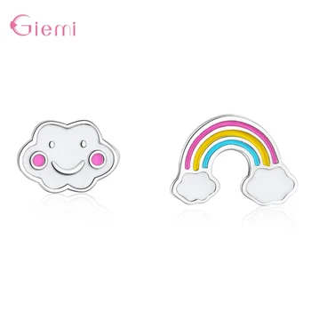 

925 Sterling Silver Asymmetric Smile Cloud Rainbow Baby Stud Earrings Friend Girl Lady Cute Jewelry Accessory Wholesale/Retail