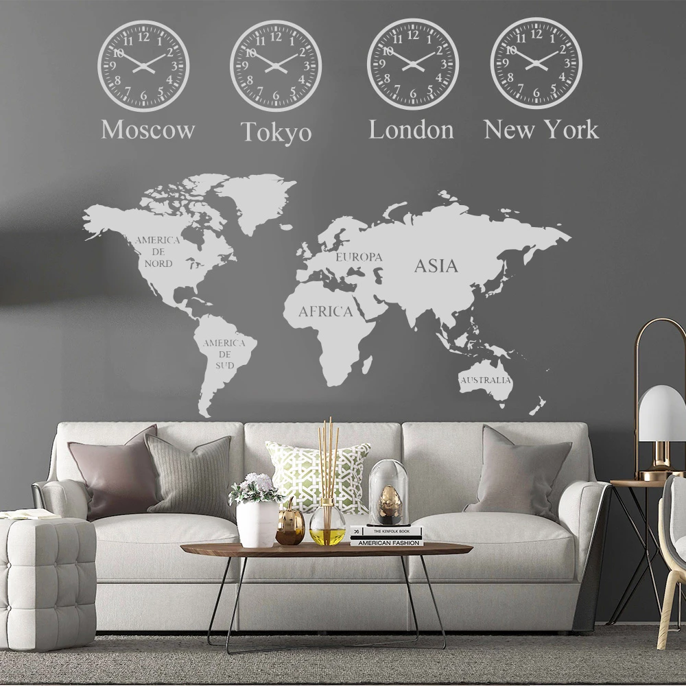 Large World Map Vinyl Wall Sticker London Newyork Tokyo Moscow City Time For House Living Room Decoration Bedroom Decor Mural Wall Stickers Aliexpress