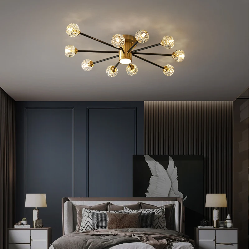 Modern luxury copper crystal ceiling lamp lighting American retro lamp restaurant golden luster molecular art ceiling lamp