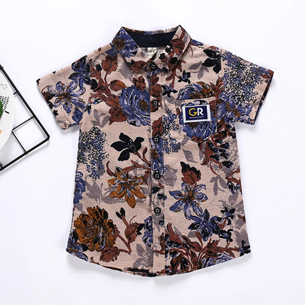 

Comfortable Boys Blouses Summer Linen Cotton Casual Flowers Printing Splicing Shirts Kid Leisure Turn Down Collar Fashion Top