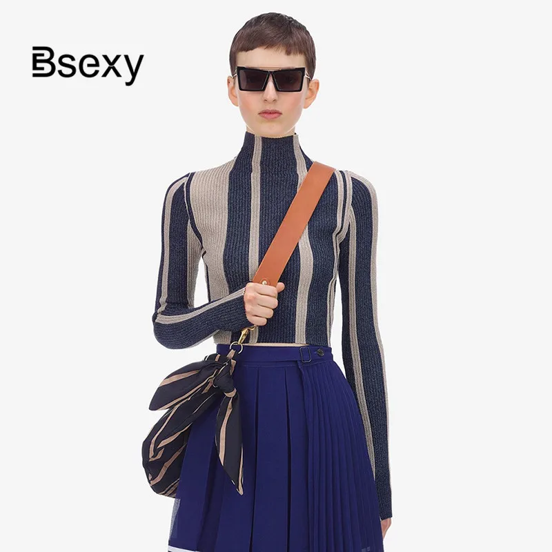 

Women Cropped Sweater 2019 Autumn High Neck Long Sleeve Striped Tight fitting Pullovers Self Portrait Bodycon Knitted Sweaters